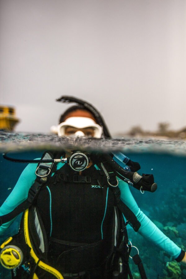 Divers practising together in a swimming pool